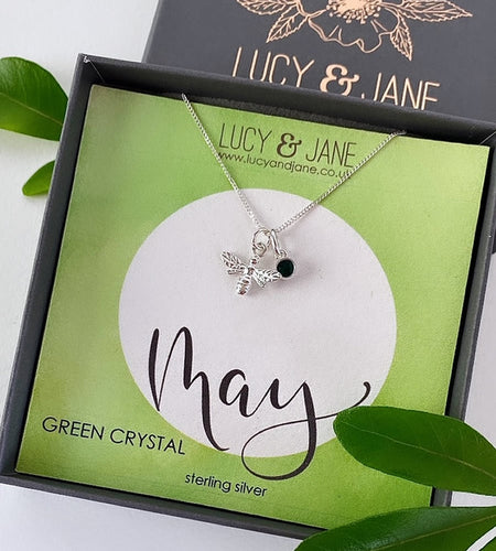 sterling silver bee birthstone necklace for the month of may.  necklace in a gift box branded Lucy and Jane