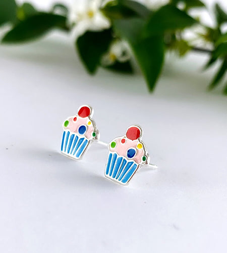 fun sterling silver cupcake earrings in blues and pinks and a red cherry on top