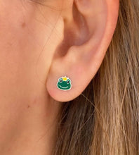 Load image into Gallery viewer, close up of model wearing the sterling silver frog studs