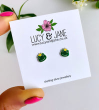 Load image into Gallery viewer, sterling silver frog studs.  Frog faces that are green and wearing a yellow sparkly crown
