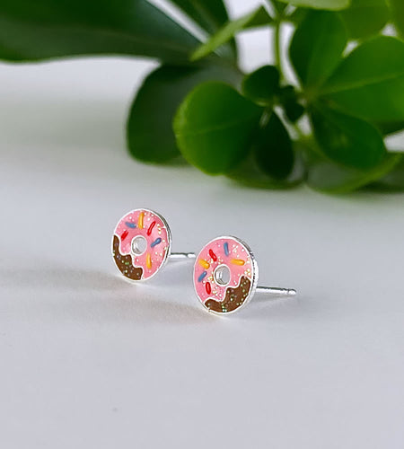 sterling silver donut studs in pink with rainbow sparkles and glitter