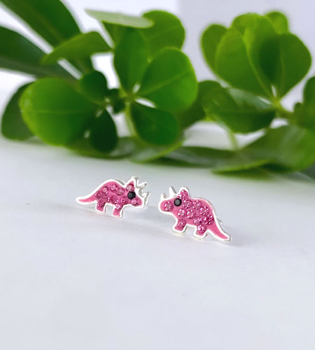 sterling silver pink sparkly dinosaur triceratops stud earrings