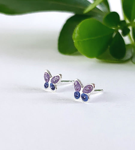 Tiny sterling silver sparkly purple butterfly studs