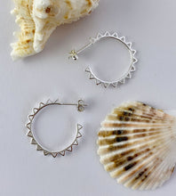 Load image into Gallery viewer, medium sized sterling siiver sun hoops with a stud back