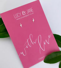 Load image into Gallery viewer, small sterling silver lighting bolt studs on a 'with love' gift card
