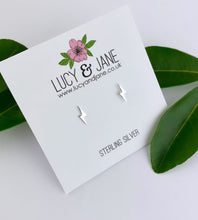 Load image into Gallery viewer, sterling silver small lightning bolt studs.  Good children's earrings or studs for those with additional piercings.