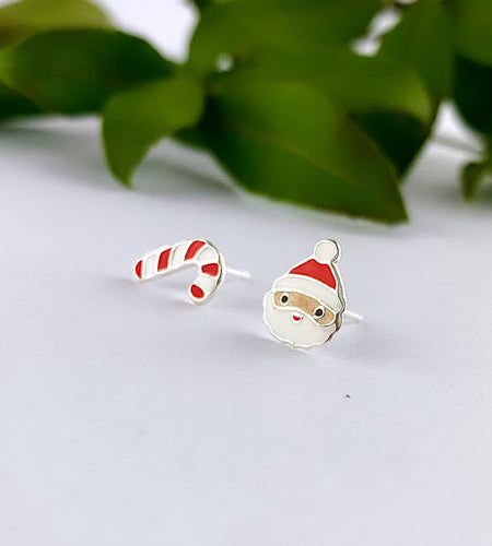 Mismatched Christmas Sterling Silver Santa and Candy Cane Studs