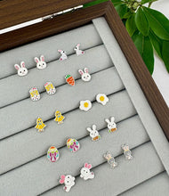 Load image into Gallery viewer, selection of easter themed sterling silver earrings which could be included in the suprise Easter Mystery earring box