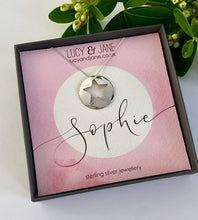 Load image into Gallery viewer, sterling silver cut out star necklace in gift box with personalised name backing card