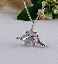 Load image into Gallery viewer, sterling silver dinosaur necklace. three dimensional stegosaurous dinosaur pendant 