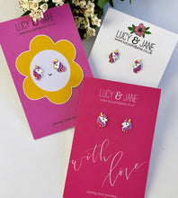 Load image into Gallery viewer, sterling silver unicorn earrings on a choice of backing cards