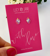 Load image into Gallery viewer, sterling silver unicorn studs on a &#39;with love&#39; backing card