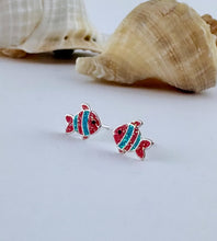 Load image into Gallery viewer, sterling silver pink and blue glittery fish earrings
