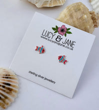 Load image into Gallery viewer, pink and blue sterling silver fish earrings on a lucy and jane backing card