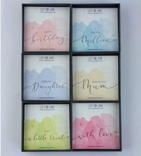 Load image into Gallery viewer, examples of backing cards for Lucy and Jane necklaces.  Hand lettered calligraphy to make extra special jewellery gift boxes.