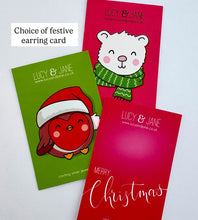 Load image into Gallery viewer, choice of christmas earring cards - including Merry Christmas, a cute robin design and a cute white polar bear design