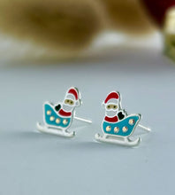 Load image into Gallery viewer, sterling silver christmas santa earring sitting in a sleigh