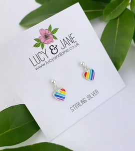 sterling silver rainbow heart drop earrings for pride month