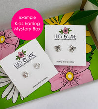 Load image into Gallery viewer, Lucy and Jane kids mystery earring boxes - with example showing a pair of sterling silver koala earrings and a pair of sterling silver paw print studs.  Mystery boxes are designed as a great gift for chidlren at a discounted price to help them build their first earring collection.