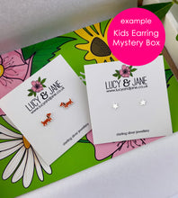 Load image into Gallery viewer, Example selection for a Lucy and Jane Kids earring mystery box - includes two pair of earrings.  The photo show a cute pair of sterling silver sausage dog studs and a small pair of sterling silver star studs