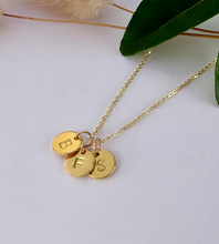 Load image into Gallery viewer, gold initials necklace with any choice of initials hand stamped to order