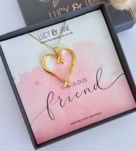 Load image into Gallery viewer, Gold heart-shaped necklace on a &#39;Fabulous Friend&#39; card with Lucy &amp; Jane branding.