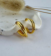Load image into Gallery viewer, detail image of the gold cross over hoops