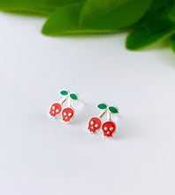 Load image into Gallery viewer, sterling silver halloween cherry skull ear studs
