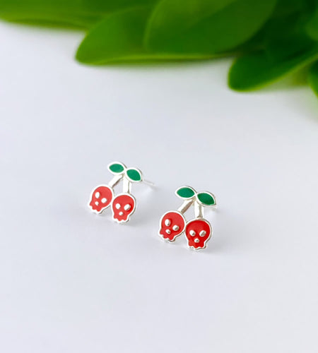 sterling silver halloween cherry skull ear studs