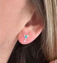 Load image into Gallery viewer, sterling silver sparkly blue cocktail studs in model&#39;s ear