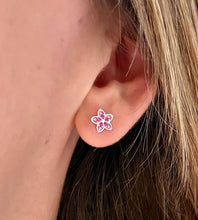 Load image into Gallery viewer, sterling silver pink sparkly flower earrings in a model&#39;s ear.