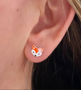 model wearing sterling silver cute fox studs