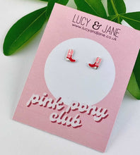 Load image into Gallery viewer, sterling silver pink cowboy boot earrings inspired by pink pony club