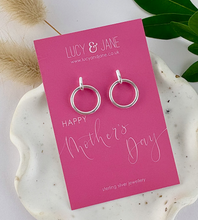 Load image into Gallery viewer, sterling silver circle drop earrings on a mother's day card