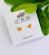 Load image into Gallery viewer, sterling silver pumpkin earrings on backing card