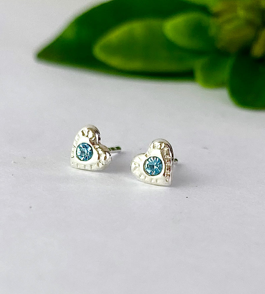 sterling silver textured heart studs with blue crystal