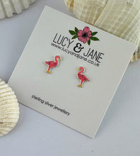 Load image into Gallery viewer, Sterling Silver Pink Sparkly Flamingo Earrings