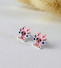 Load image into Gallery viewer, super sparkly pink and purple sterling silver axolotl stud earrings for children