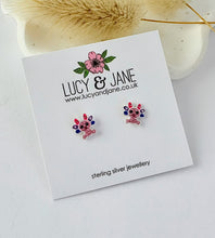 Load image into Gallery viewer, amazing sparkly sterling silver axolotl stud earrings for children in pinks and purples