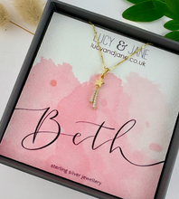 Load image into Gallery viewer, gold shooting star necklace in a necklace box with a land lettered personalised backing card