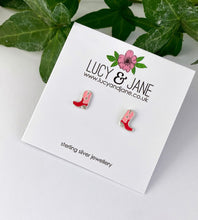 Load image into Gallery viewer, sterling silver pink pony club inspired pink cowboy boots earrings
