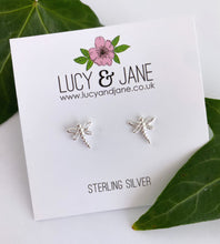 Load image into Gallery viewer, Sterling silver dragonfly earrings on a Lucy &amp; Jane earring card
