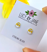 Load image into Gallery viewer, sterling silver yellow chick earrings for children on a Lucy and Jane earring card