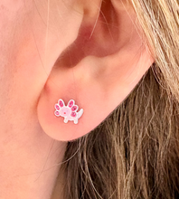 Load image into Gallery viewer, sterling silver pink axolotl stud earrings for children shown in a model's ear