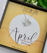 Load image into Gallery viewer, sterling silver bee birthstone necklace for the month of April.  Sterling silver bee on a silver chain with a sparkly crystal stone to represent diamonds for April brithdays