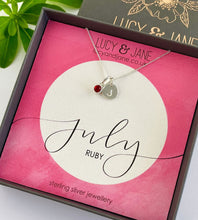 Load image into Gallery viewer, sterling silver initial birthstone necklace for July