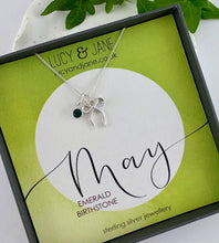 Load image into Gallery viewer, sterling silver bow birthstone necklace for may