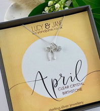 Load image into Gallery viewer, sterling silver bow birthstone necklace for April.  Gift boxed with a handlettered April birthstone card. Popular necklace as a gift for teenagers