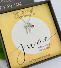 Load image into Gallery viewer, sterling silver bow birthstone necklace for June in a Lucy and Jane necklace box