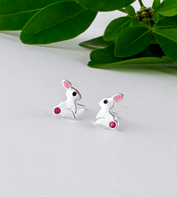 Load image into Gallery viewer, sterling silver bunny rabbit ear studs with tiny pink ears and tail